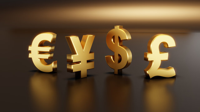 Golden color 3D currency symbols, currency icon. Euro, Yen, Dollar and Pound sign. Vector illustration.