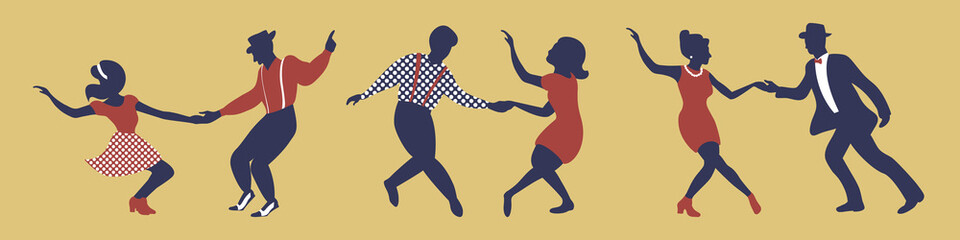 Fototapeta na wymiar Horizontal banner with three dancing couples silhouettes in gold, red and blue colors. People in 1940s or 1950s style. Vector illustration.
