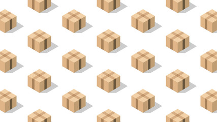 Mock up miniature closed cardboard box. Pattern of packages at an angle on a white background with a flat sunny shadow. Minimal isometric style template.