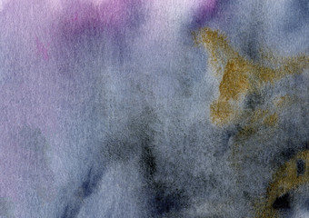Watercolor hand painted wet abstract blue, purple and gold background with paper texture . Modern art  for wallpaper, wall art, card, invitation, template