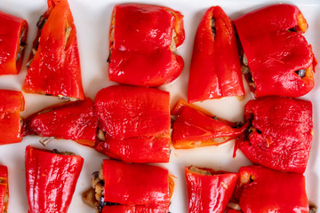 Ready for eat stuffed grilled red peppers with eggplant and vegetables
