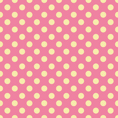 Vector seamless pattern pastel rainbow with yellow polka dots and pink background