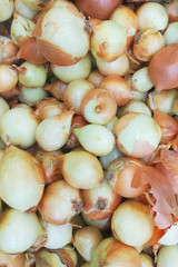 Raw onion. Top view on a store counter