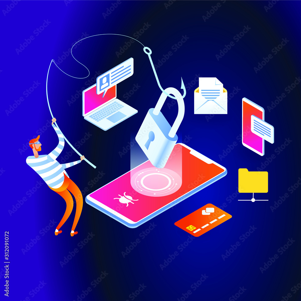 Poster hacker attack and web security vector concept, phishing scam. netwrok and internet security. anti vi
