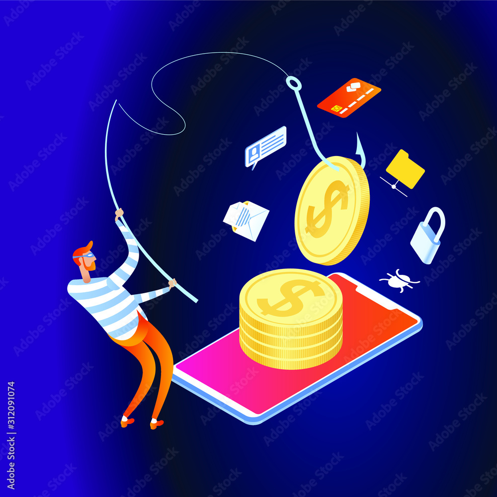 Poster hacker attack and web security vector concept, phishing scam. netwrok and internet security. anti vi