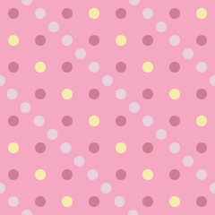 Vector seamless pattern pastel rainbow with yellow, pink, purple polka dots and pink background.