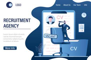 Male HR specialist standing on vacant chair. Recruitment agency landing page template.