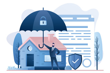 Home insurance concept. Businessman hold umbrella, modern cottage and paper agreement. Warranty and shield symbol.