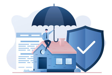 Fototapeta na wymiar Home Insurance Service. Cottage, businessman with umbrella, security shield and insurance agreement paper.