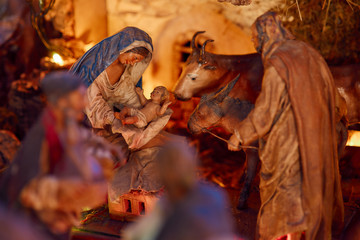 Christmas nativity scene represented with statuettes of Jesus, Mary and Joseph