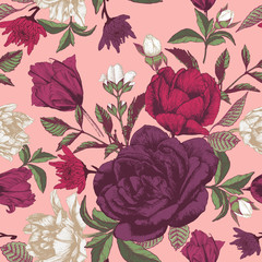 Vector floral seamless pattern with roses, tulips, apple blossom