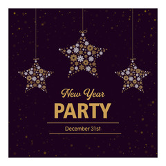 Obraz na płótnie Canvas New year party invitation card. Can be used as a banner, poster, postcard, flyer. Vector illustration with snowflakes in the form of a star of golden and white color and text on isolated background