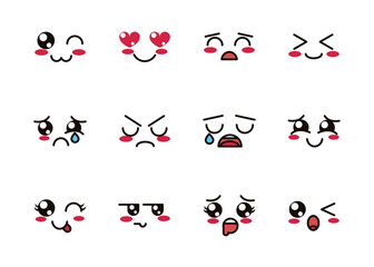 kawaii cute face expressions eyes and mouth icons set