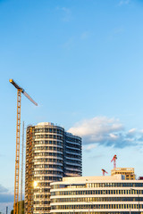 Fototapeta na wymiar various modern high-rise buildings are located in Düsseldorf's MediaHafen