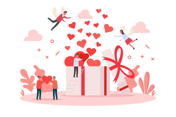 concept of valentine day and angel bring gift box with heart inside to lovely tiny couple, flat vector illustration for web, landing page, ui, banner, editorial, mobile app and flyer