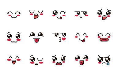 kawaii cute face expressions eyes and mouth icons set