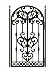 Forged fence. Gothic door, vector design. Decorative garden gate. Metal pattern or iron wicket for garden, castel. Rich ornament. Scroll-work