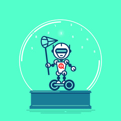 drawn robot in a glass ball on a blue-green background