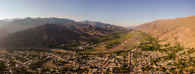 Aerial drone panorama of Tilcara Canyon Argentinia, Jujuy Salta region