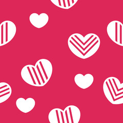 White hearts seamless pattern with lines on red background. Vector illustration