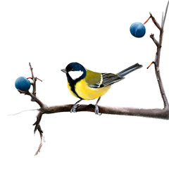 Tit sitting on a Bush branch, close-up. A small songbird, with bright plumage