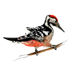 Great spotted woodpecker. Dendrocopos major. On a branch in the woods. Doctor in the wild