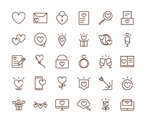 love heart romantic passion feeling related icons collection thick line