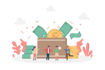 concept of business financial investment dealing management with money cash bill, coin and tiny people, flat vector illustration for web, landing page, ui, banner, editorial, mobile app and flyer