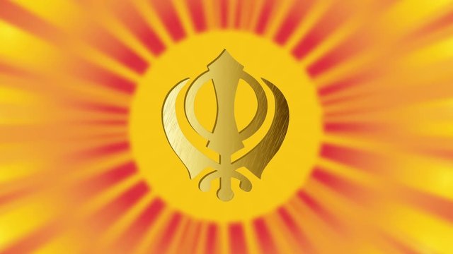 The main symbol of Sikhism – sign Khanda (gold). Red and gold gradient rays. Video HD.