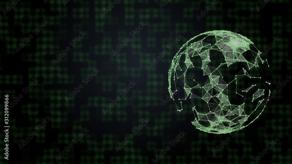 Poster media worldwide concept. image of planet under plexus network shield over abstract green color backg