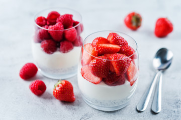 Greek yogurt Chia seeds strawberry and raspberry parfait
