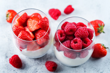 Greek yogurt Chia seeds strawberry and raspberry parfait