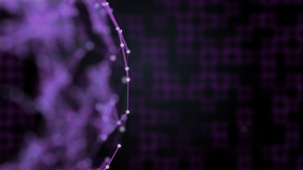 Digitalization concept. Abstract purple squares background and plexus network on the forefront blurred.