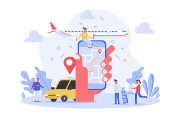 concept of online travel and transportation with smart phone on human hand and tiny traveler people, flat vector illustration for web, landing page, ui, banner, editorial, mobile app and flyer