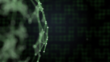 Futuristic background. Abstract blurred picture of green squares connected togerher on black and plexus connection on the forefront.