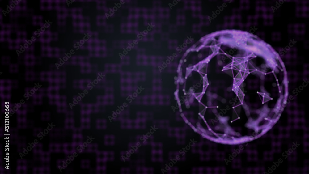 Poster connecting of people through social networks visualised on the surface of planet over abstract squar