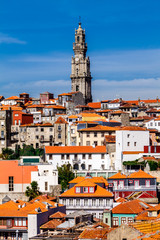 Old town Porto with tower Clerigos (Torre dos Clérigos) view with colorful houses, Portugal.