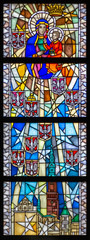 Tylicz, Poland. 2019/8/8. Stained-glass window representing the Virgin Mary with Infant Jesus of Czestochowa and the Polish history. The Sanctuary of Our Lady of Tylicz. © Adam Ján Figeľ