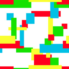 Geometric seamless pattern. Red, blue, green, yellow rectangles and squares, white background. Bright multicolor shapes. Narrow and thick strips. Vector abstract minimalist design. EPS10 illustration