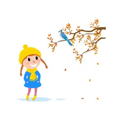 baby in coat and hat walking in autumn forest, little girl see bird on branch, cartoon design