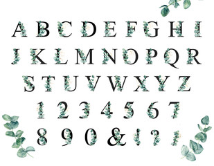 Floral alphabet with watercolor eucalyptus sprigs and gold splash. 