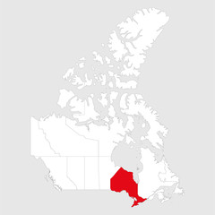 Ontario province marked red on canada map. Gray background. Canadian political map.