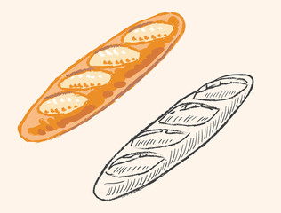バゲット。パン素材。手書き風、スケッチ風のセット。