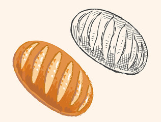 全粒粉のハードパン。パン素材。手書き風、スケッチ風のセット。