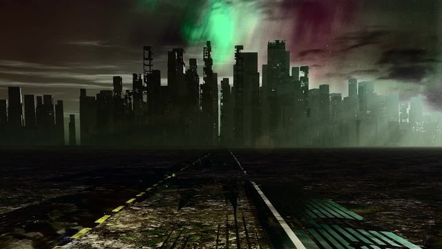 Road to dead city. Red green sky horizon