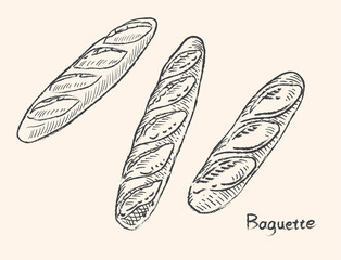 バゲット。パン素材セット。ビンテージ、レトロ調。