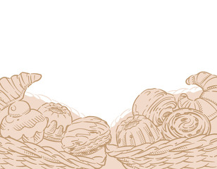 クロワッサンなど、カゴ入りパンの背景フレーム素材。