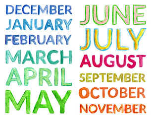 All English month names isolated on a white background. Colorful multicolored watercolor lettering for calendar