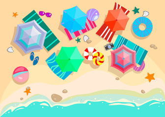 Top view beach set with sea, sand, umbrellas, swim ring, balls, sunglasses. Summer vacation on tropical resort. Vector illustration