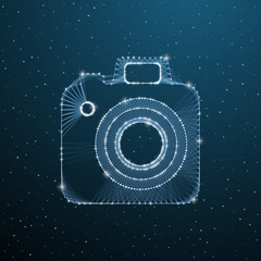 Photo camera polygonal image on dark blue background. Low poly digital photography equipment. Vector wireframe illustration with line and dot